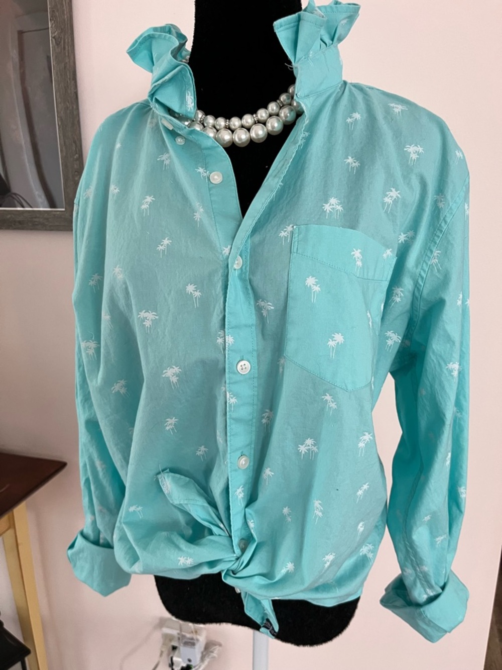 Upcycled American Eagle Outfitters Teal Button-Down White Palm Print Ruffle